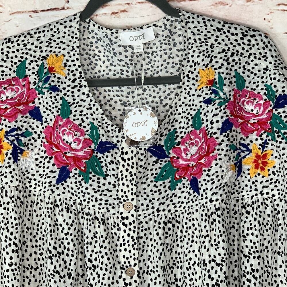 NEW ODDI Bubble Hem Blouse Floral Embroidered Elastic Waist Size 3XL Blouse Top
